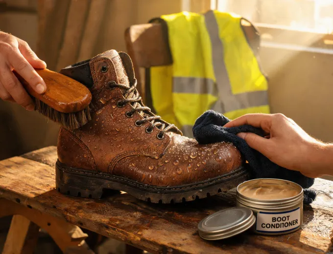 Work boots being cleaned after jobsite use